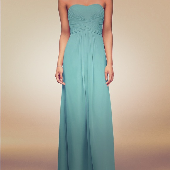 david's bridal long strapless chiffon dress and pleated bodice